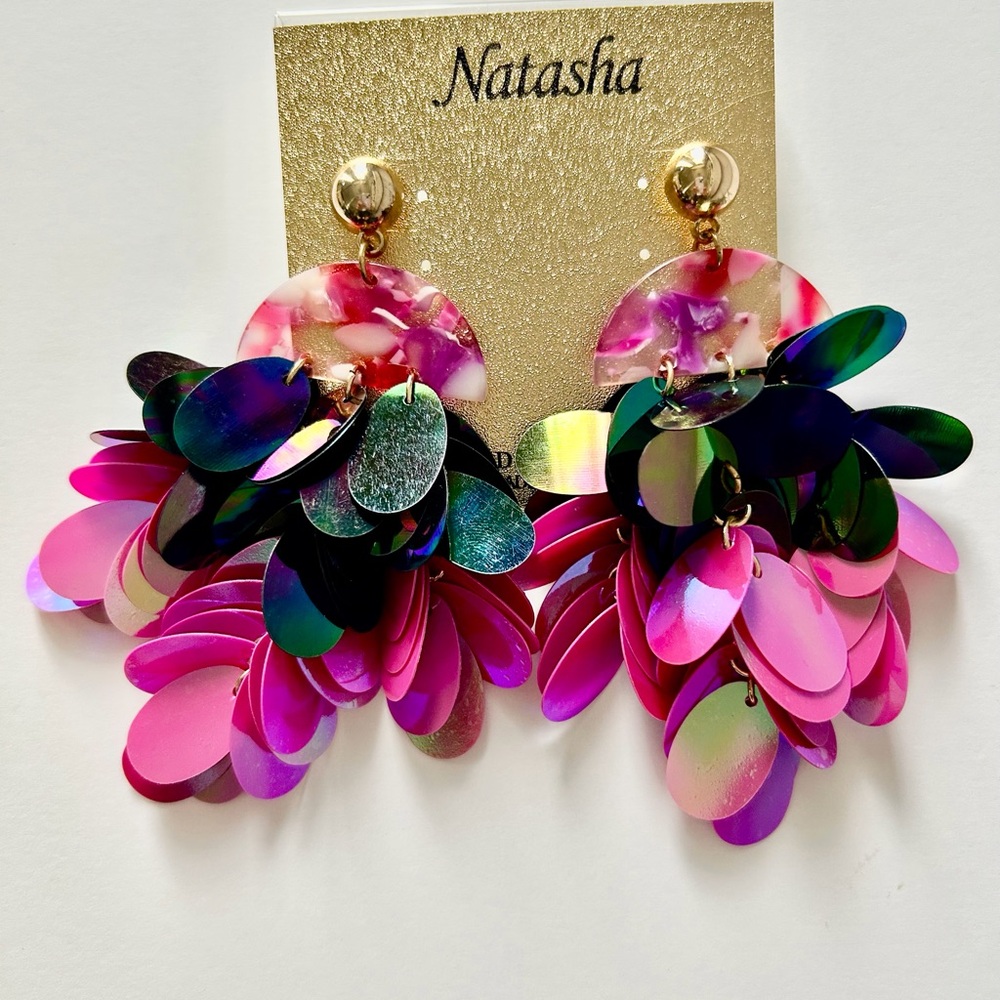Natasha Couture Pink & Purple Iridescent Leaf Drop Earrings